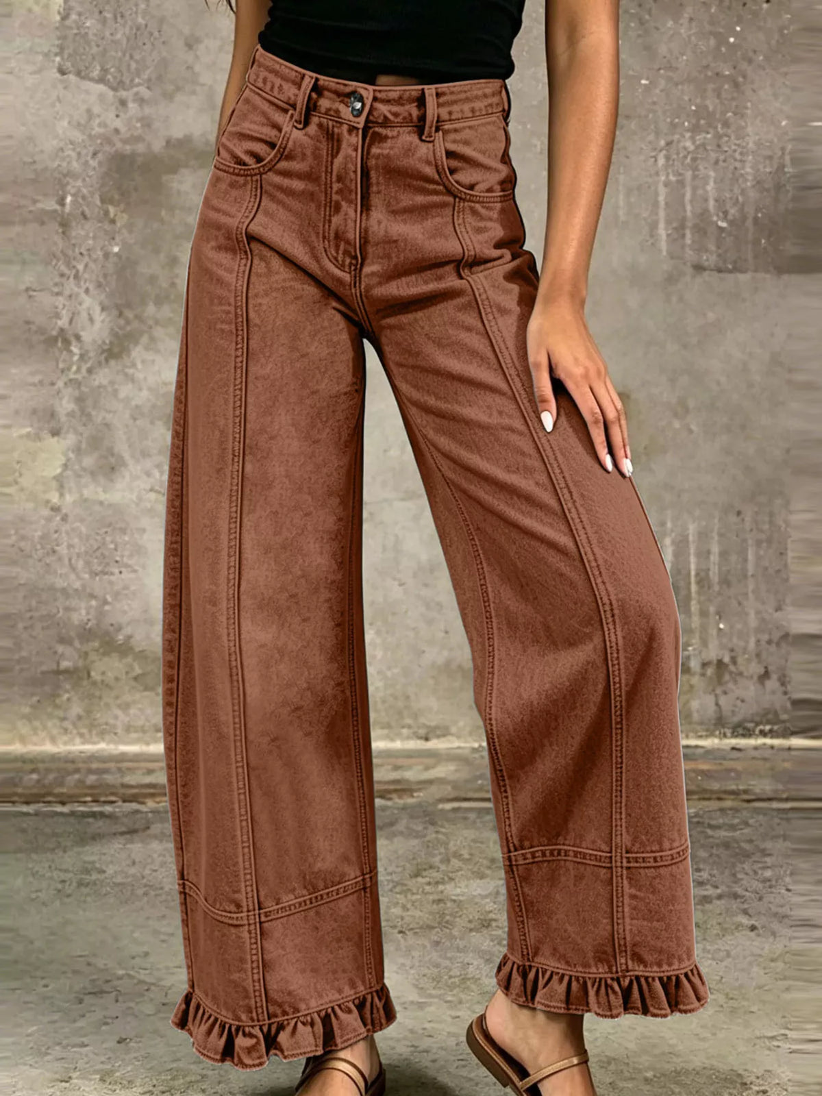 Full Size High-Waisted Wide-Leg Ruffled Hem Jeans Plus Size