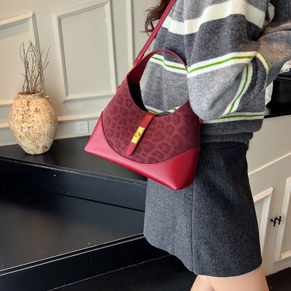 Leopard Leather Trimmed Crossbody Bag