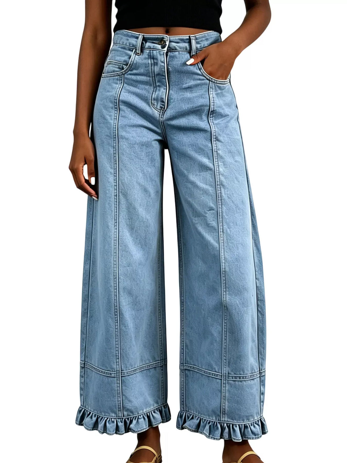 Full Size High-Waisted Wide-Leg Ruffled Hem Jeans Plus Size