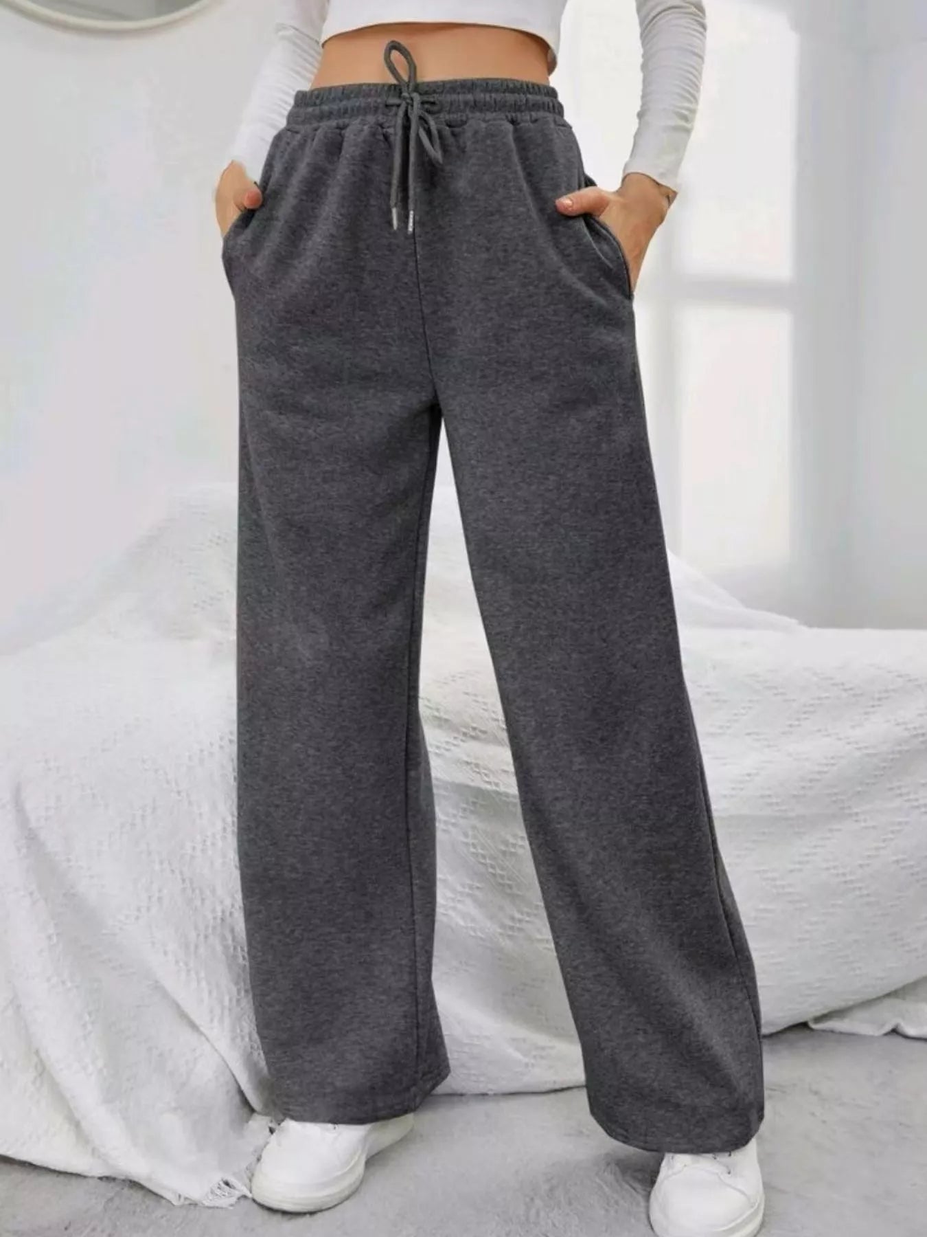 Relaxed Fit Drawstring Waist Solid Pants