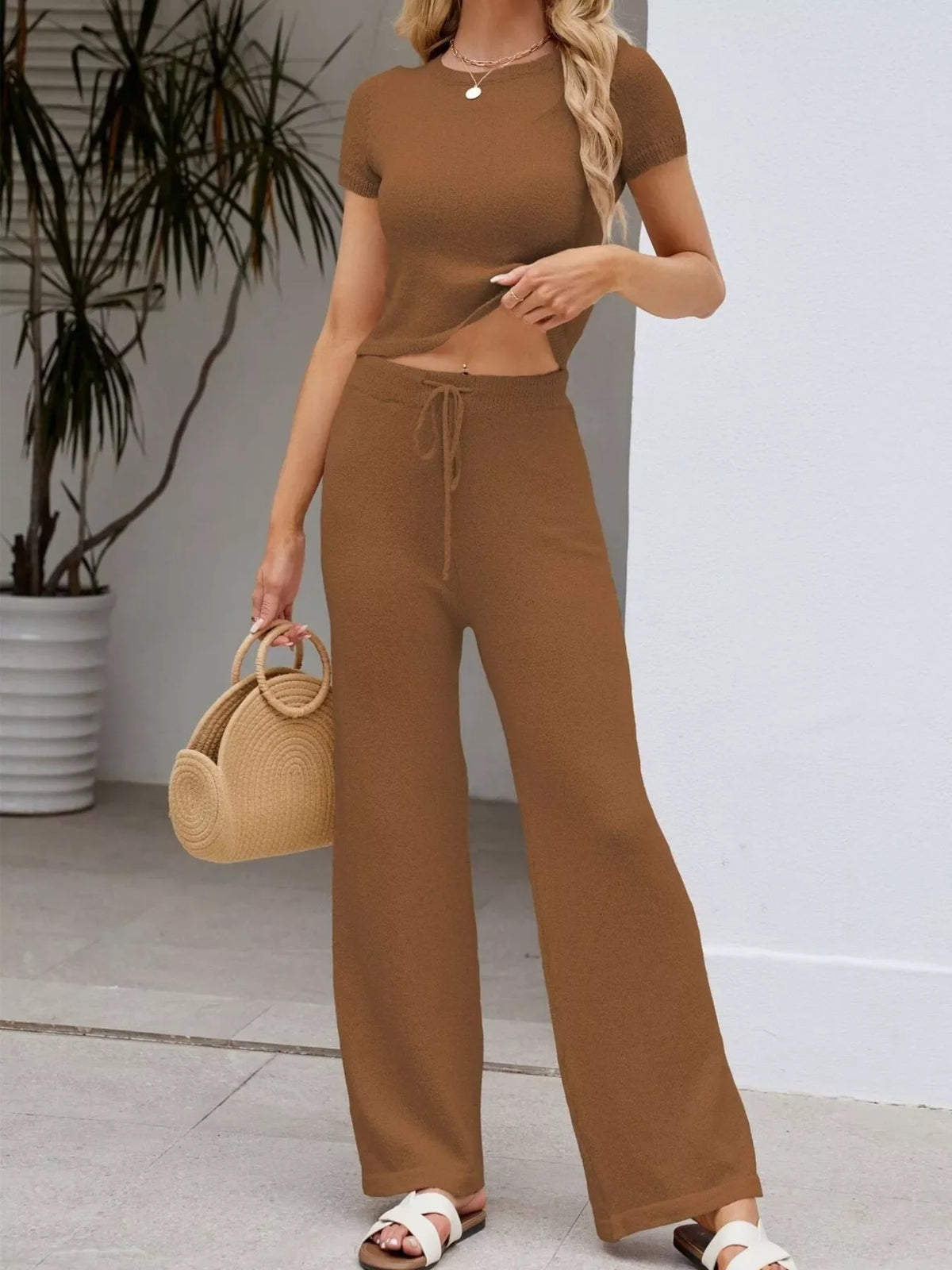 Solid Color Knit Short Sleeve Top and Wide Leg Pants Set