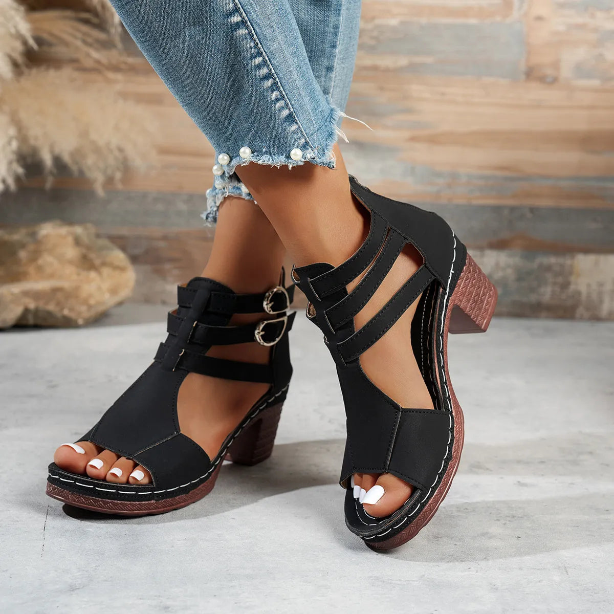 Block Heel Buckle Strap Sandals