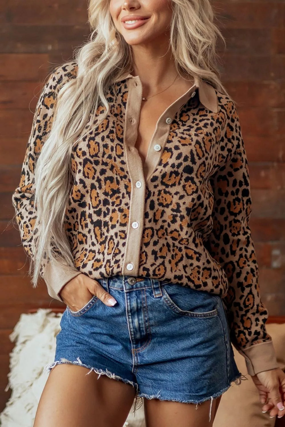 Leopard Print Button-Up Cardigan Long Sleeve Cardigans