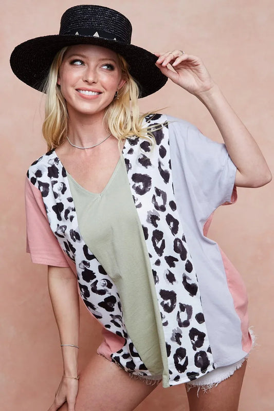 BiBi Cotton Span Knit With Leopard Color Block Top
