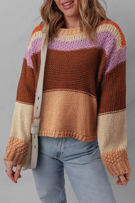 Colorblock Striped Round Neck Sweater