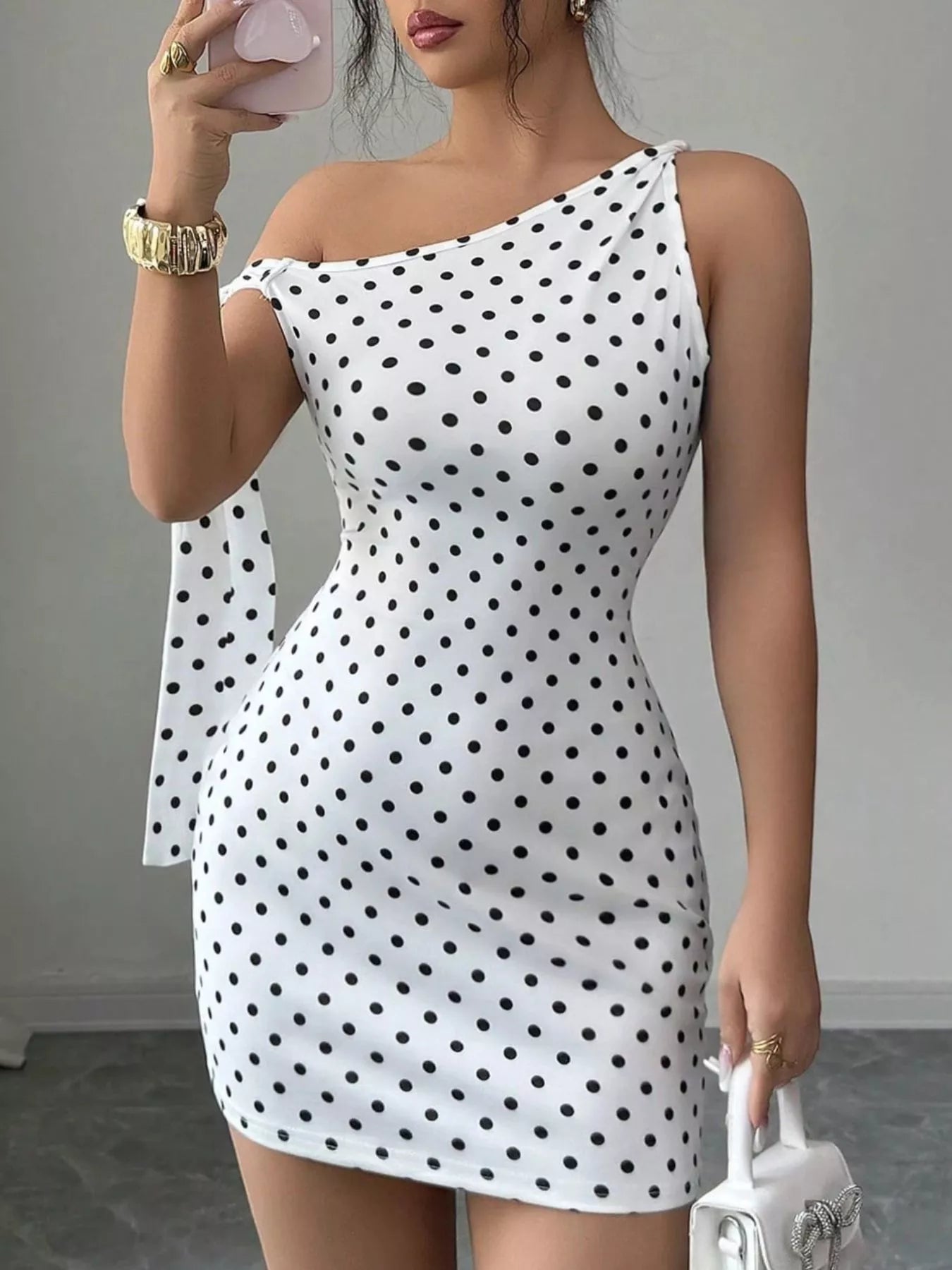 One-Shoulder Polka Dot Bodycon Mini Dress
