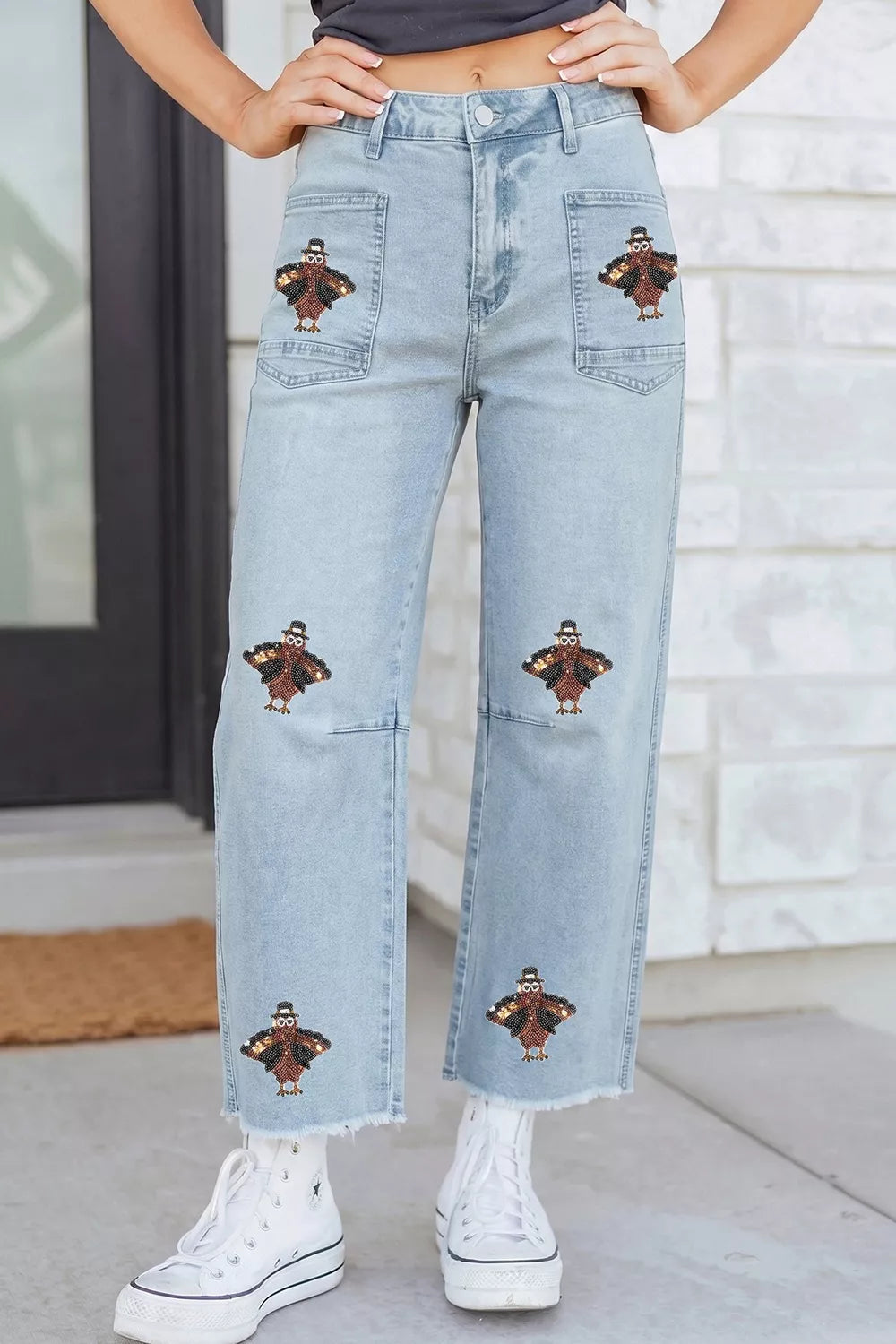 Sequin Turkey Patch Pocket Raw Hem Ankle Length Jeans