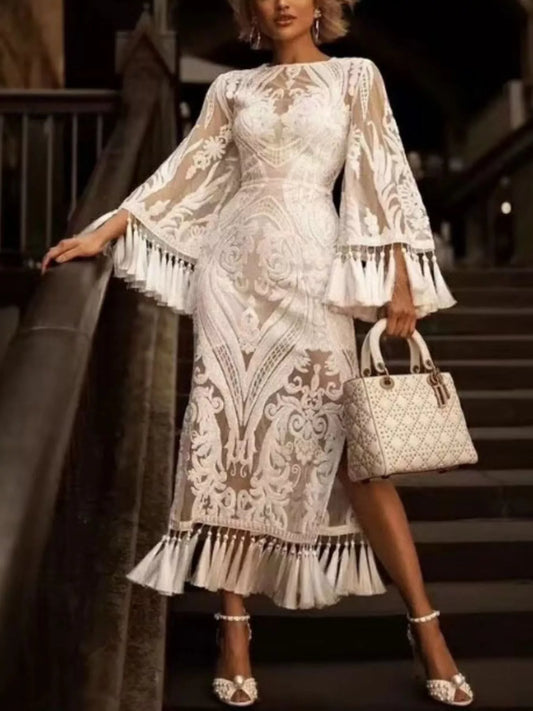 Full Size Tassel Hem Lace Flare Sleeve Dress Plus Size