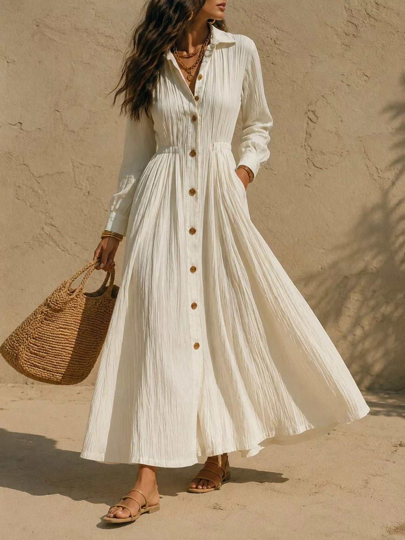 Full Size Textured Button Front Long Sleeve Maxi Dress Plus Size