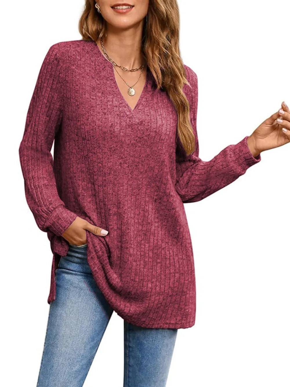 Ribbed Notched Long Sleeve T-Shirt