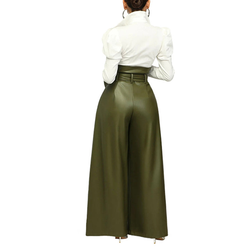 Women's Fashion High-Waisted PU Wide-Leg Pants, Solid Color Metal Belt Detail Trousers With Pockets (See size chart where applicable)