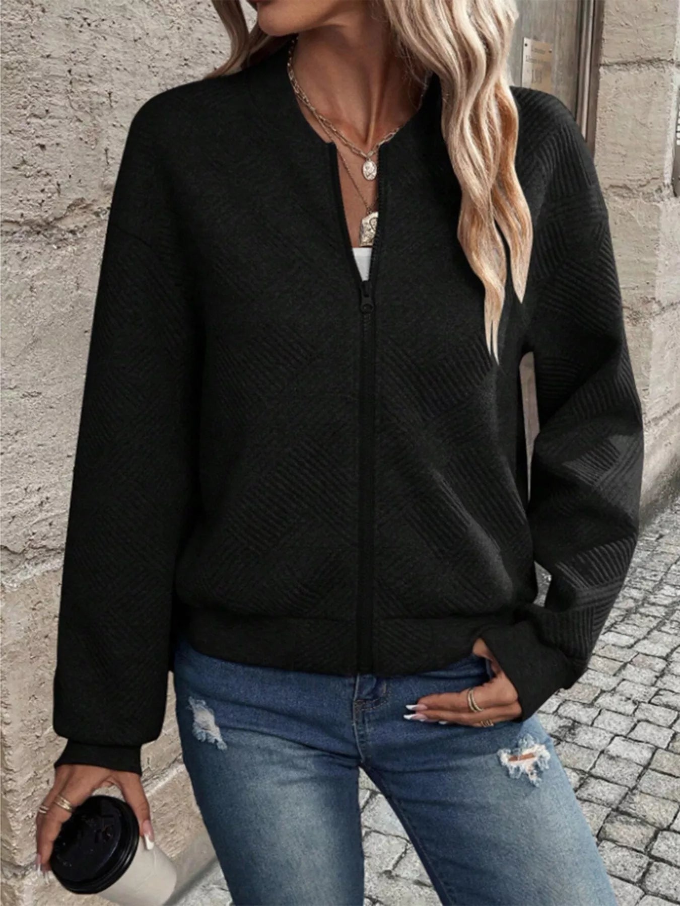 Textured Knit Zip-Up Jacket