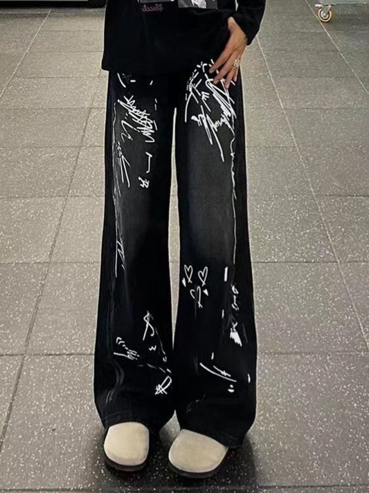 Men's Full Size Graffiti Print Wide Leg Jeans Plus Size