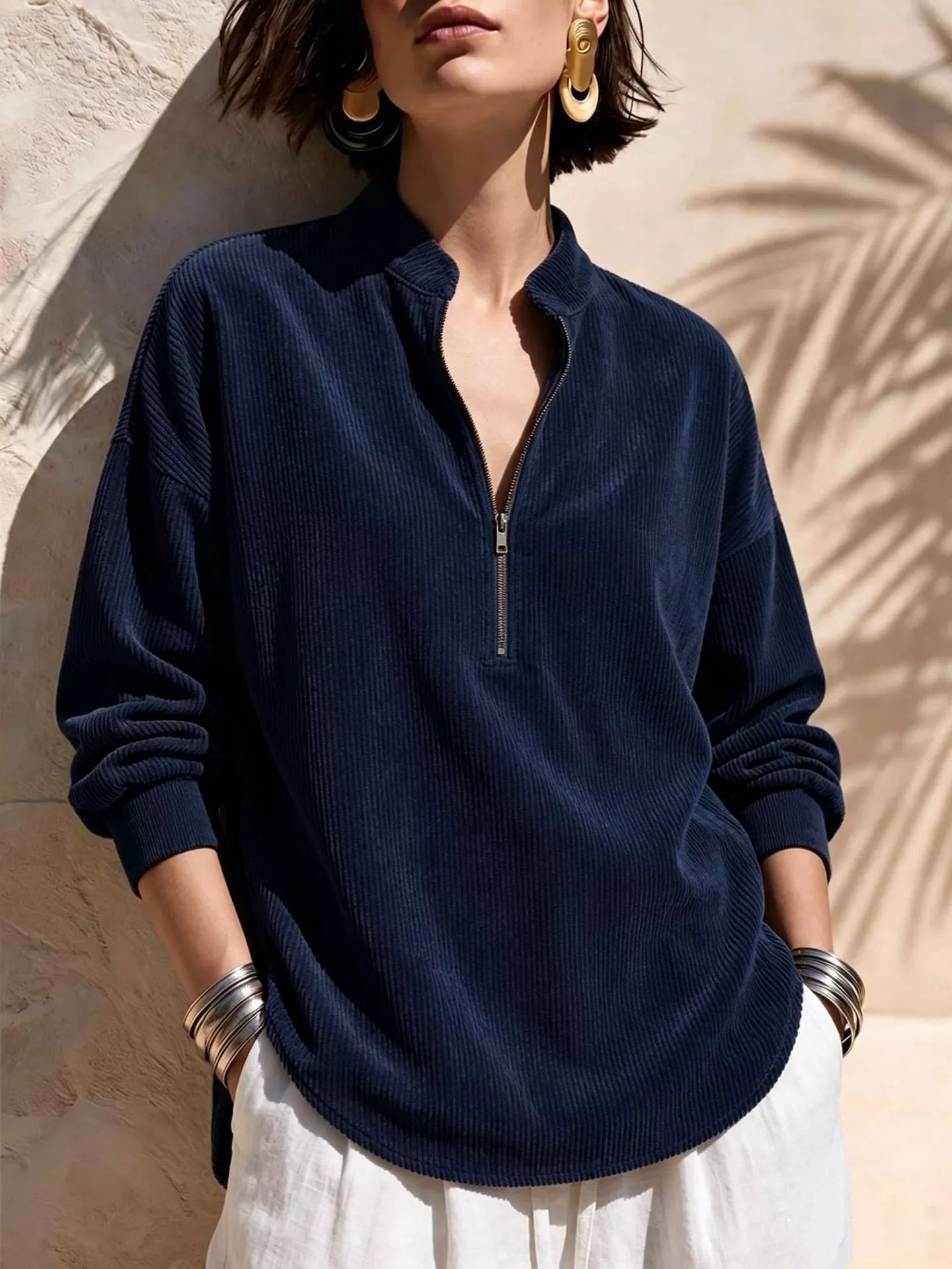 Full Size Ribbed Half-Zip Corduroy Sweatshirt Plus Size