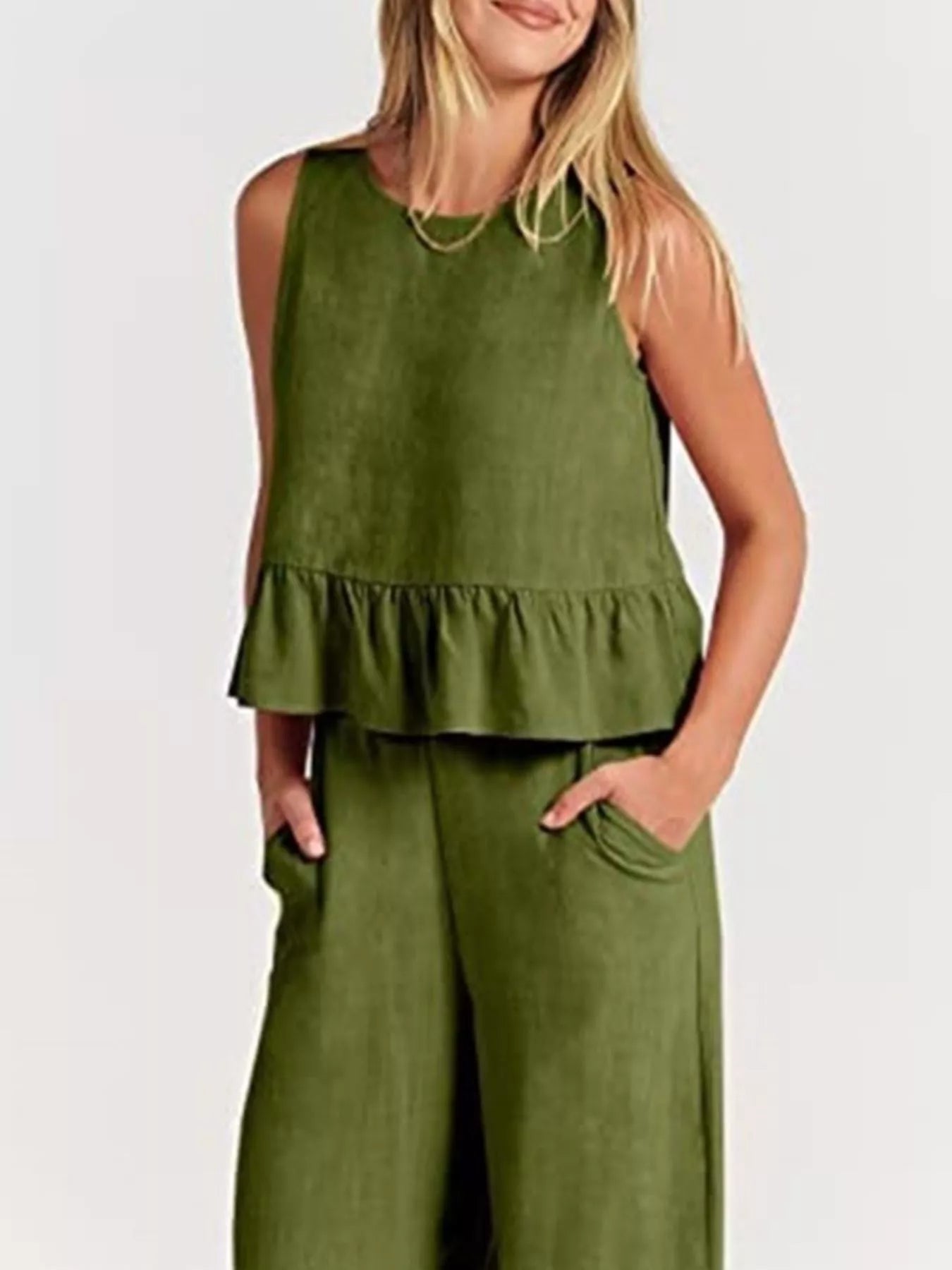 Full Size Ruffled Hem Sleeveless Top and Wide-Leg Pants Set Plus Size