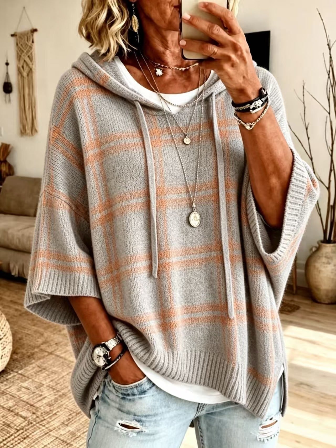 Plaid Knit Hooded Batwing Sweater