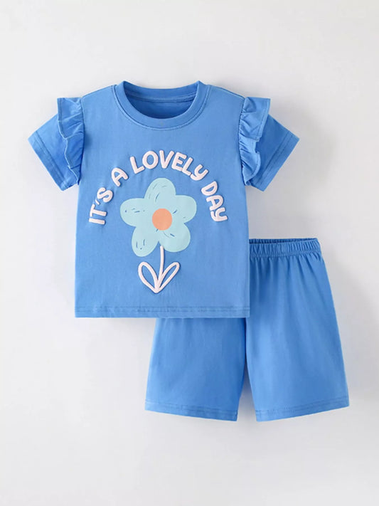 Children's Lovely Day Flower Print Ruffle Sleeve Top and Shorts Set