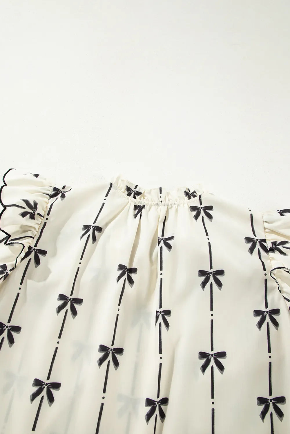 Bow Print Tie Neck Short Sleeve Blouse