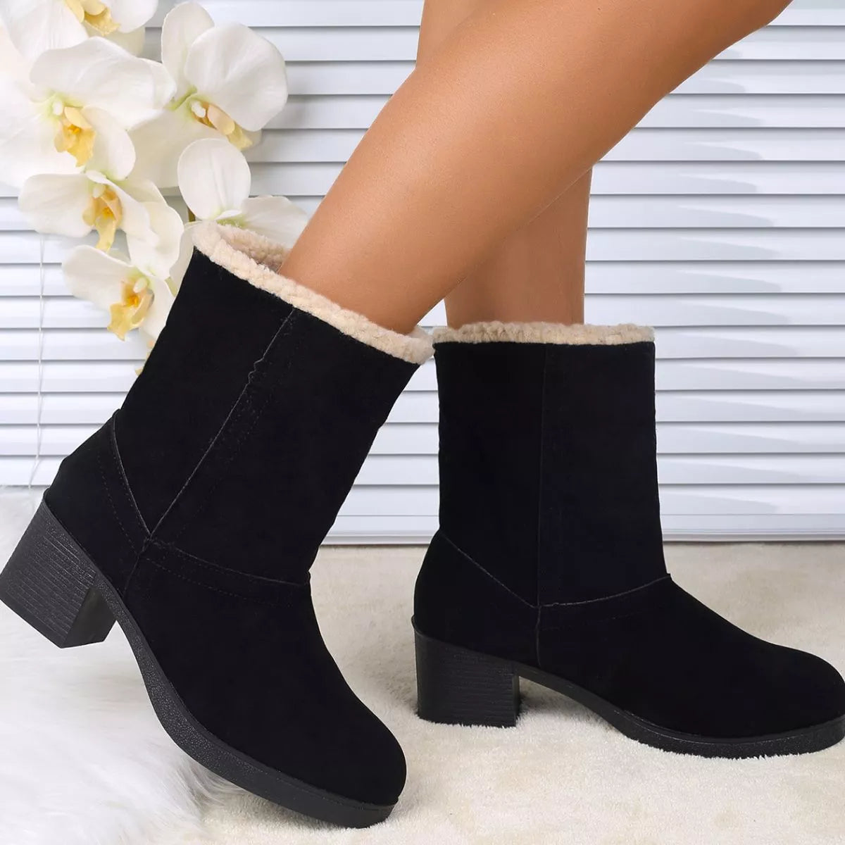 Plush Cuff Block Heel Boots