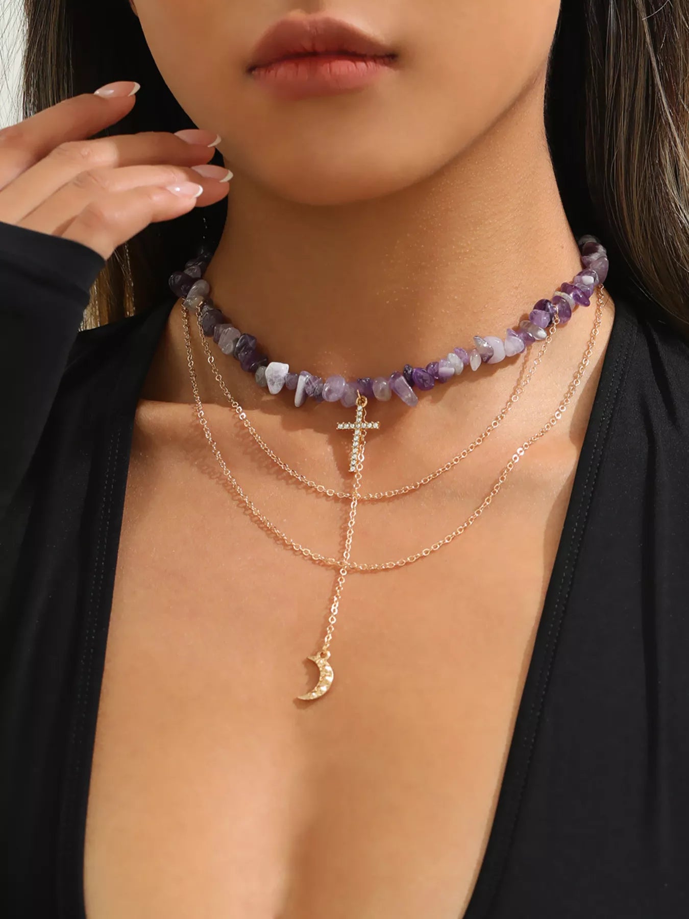 Layered Cross and Moon Pendant Necklace