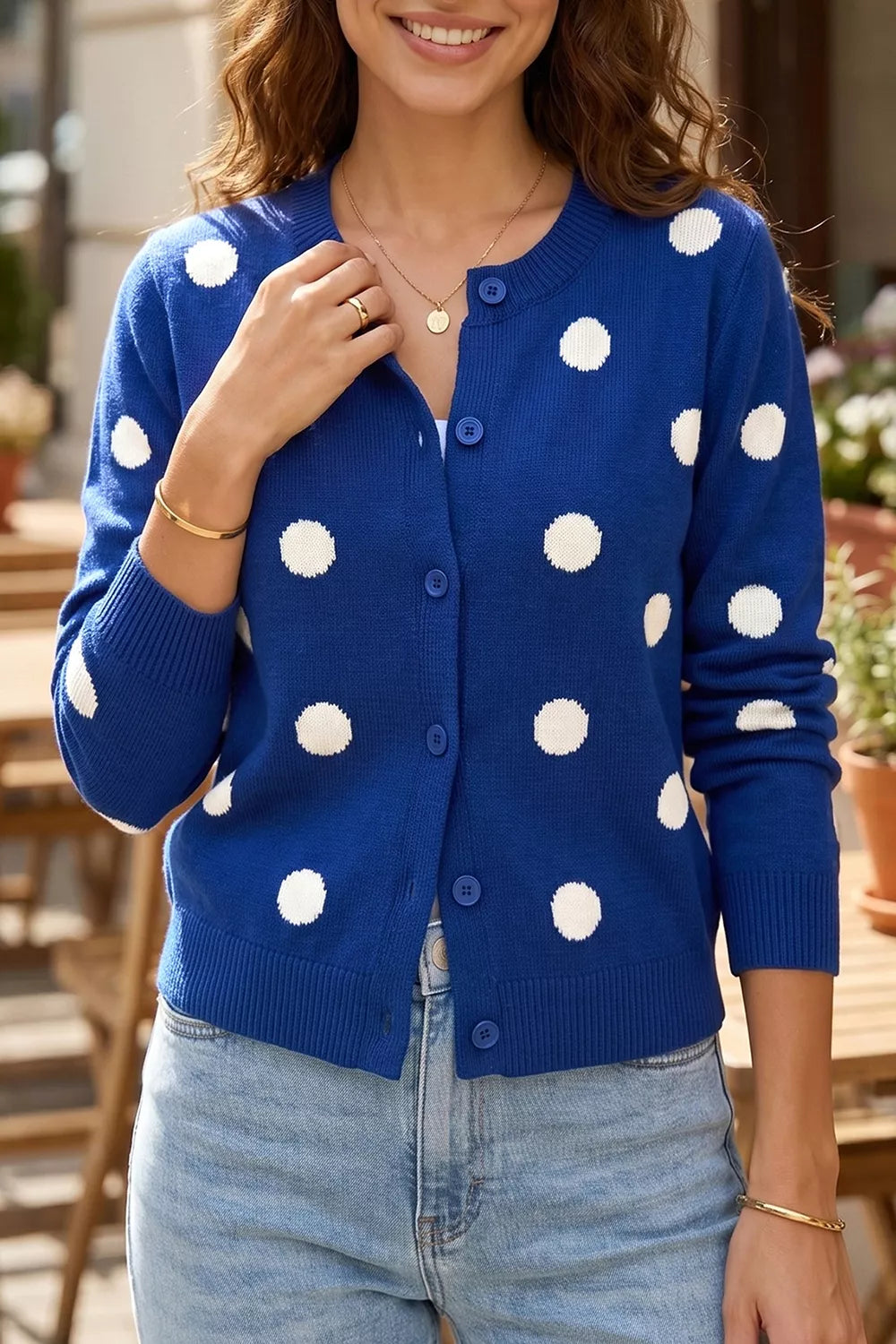 Casual Polka Dot Button Front Long Sleeve Sweater Cardigan
