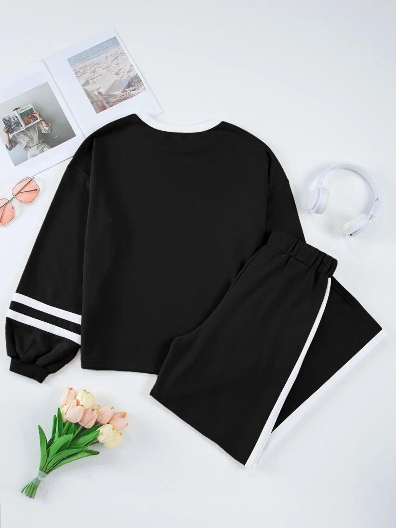 Contrast Trim Round Neck Top and Pants Set