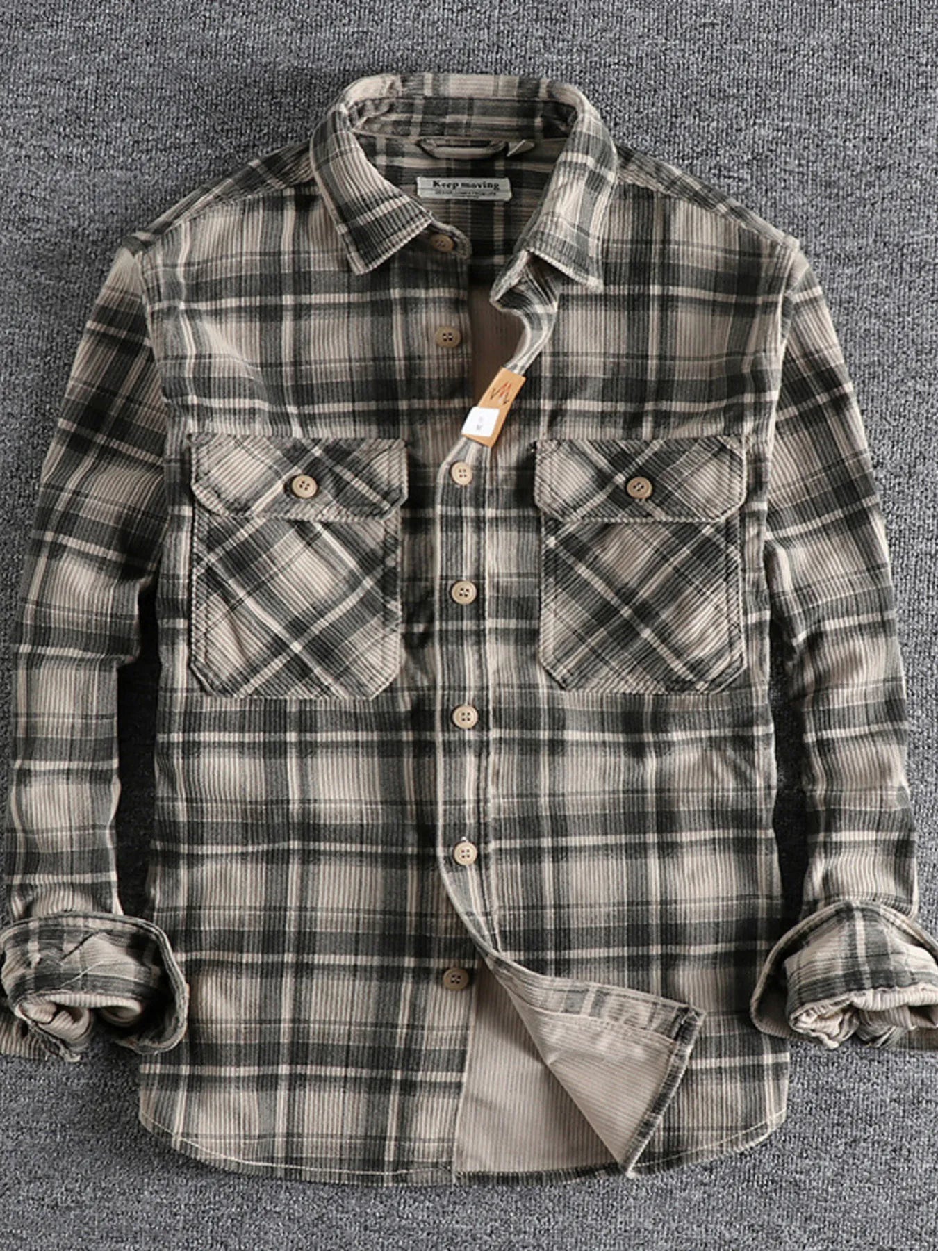 Men's Plus Size Button Down Plaid Corduroy Shirt with Chest Pockets
