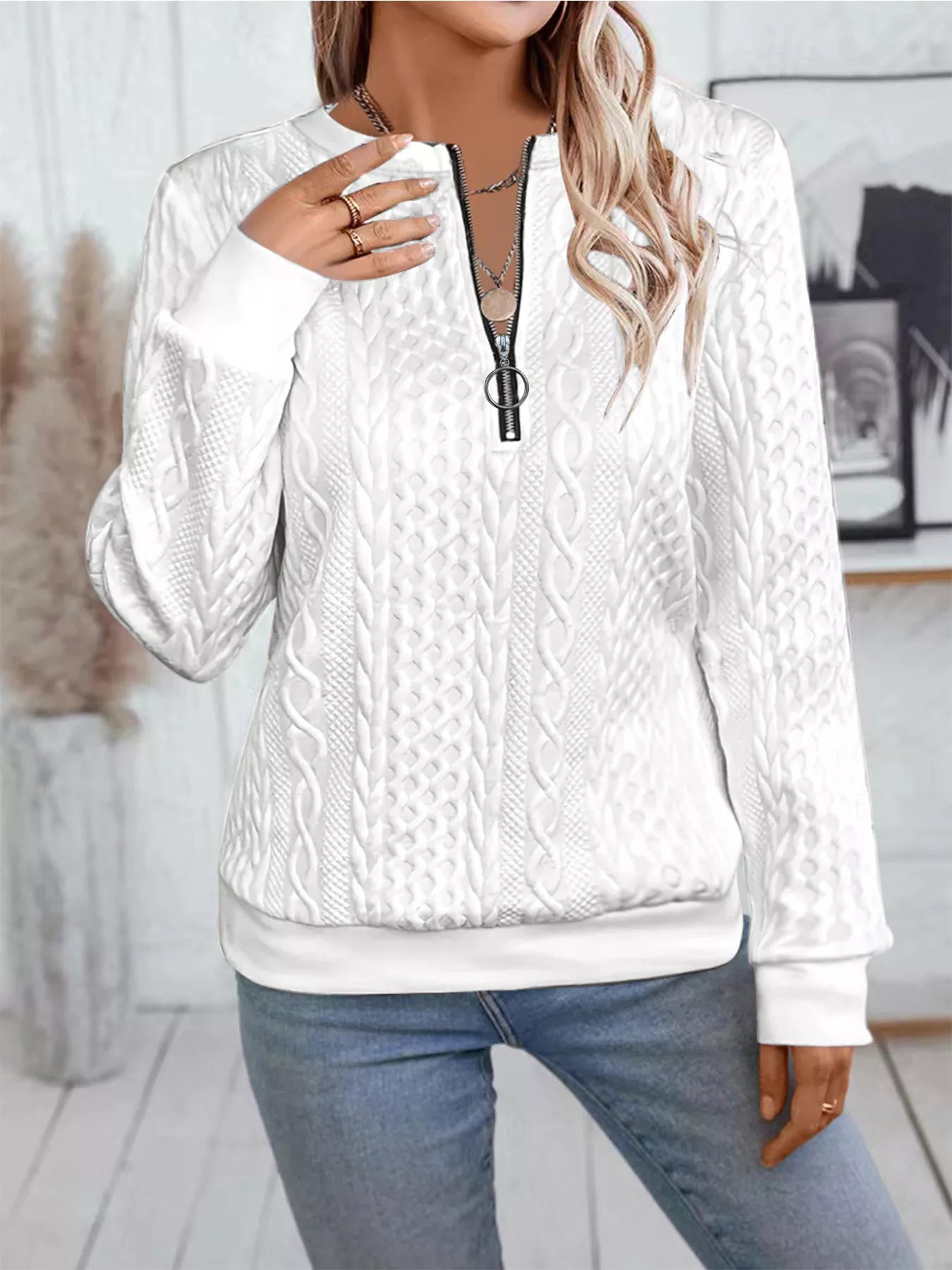 Chic Cable Texture Quarter-Zip Sweatshirt