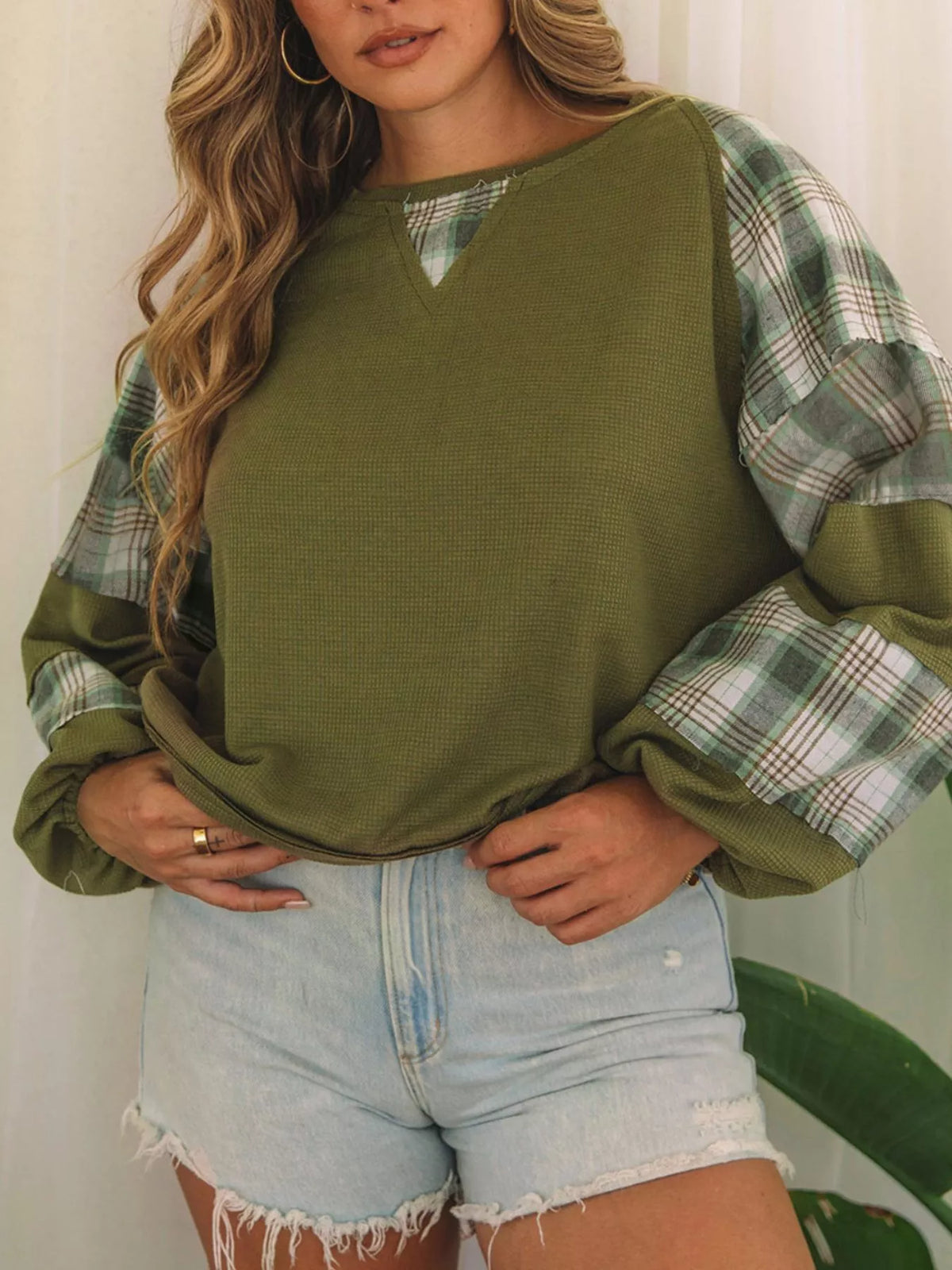 Plaid Patch Waffle Knit Exposed Seam Bubble Sleeve Top