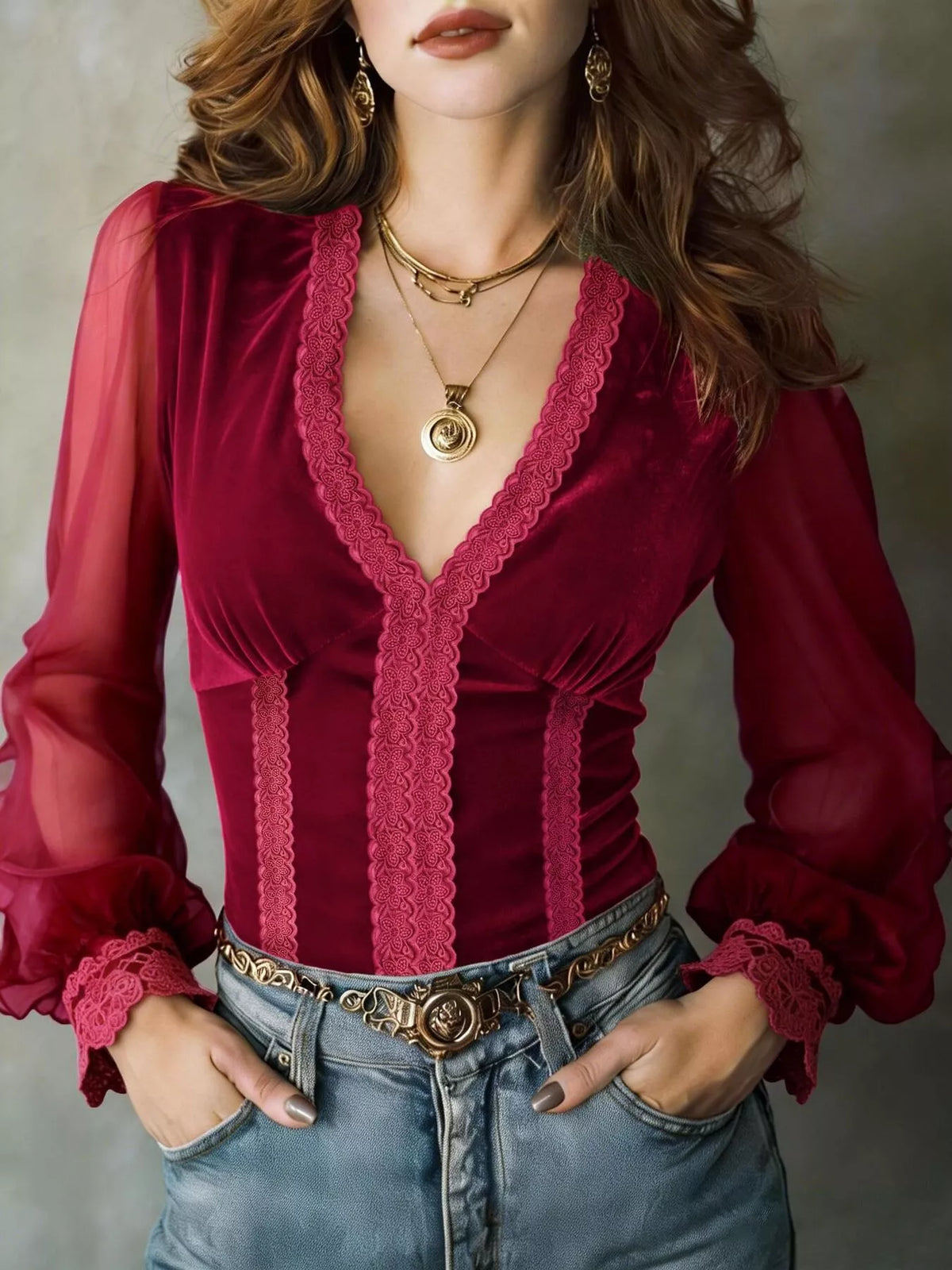 Lace Trim Sheer Long Sleeve Blouse