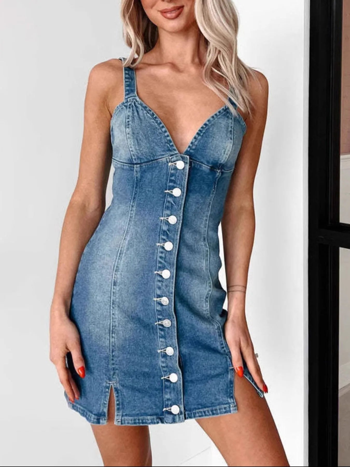 Button Front Sweetheart Neck Denim Mini Dress