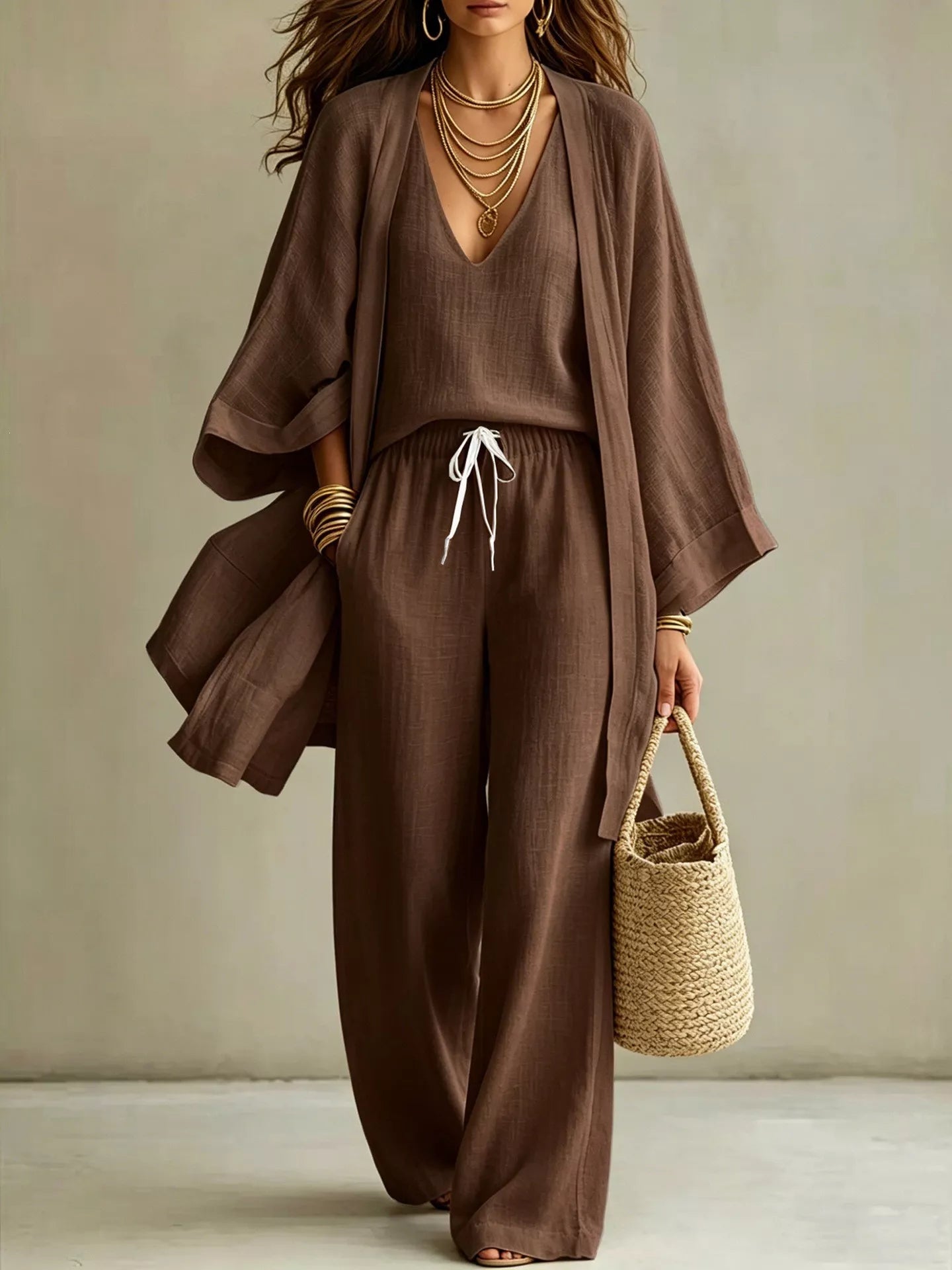 Full Size V-Neck Tank & Cardigan and Pants Set Plus Size