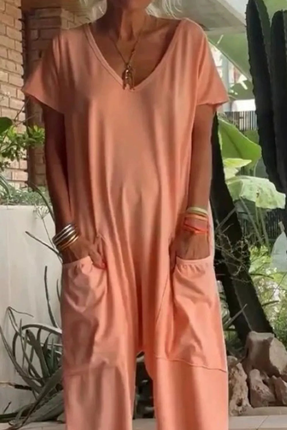 Full Size Casual V-Neck Short Sleeve Jumpsuit with Pockets Plus Size