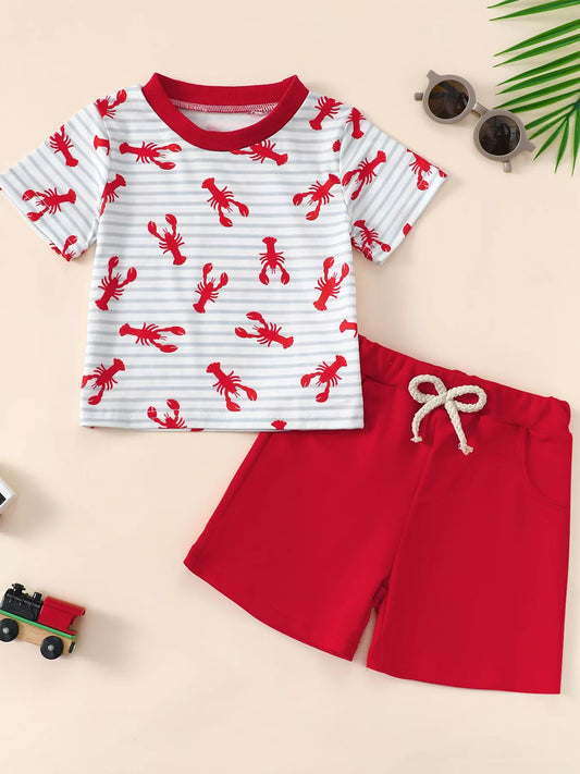 Children's Lobster Print Striped T-shirt and Shorts Set