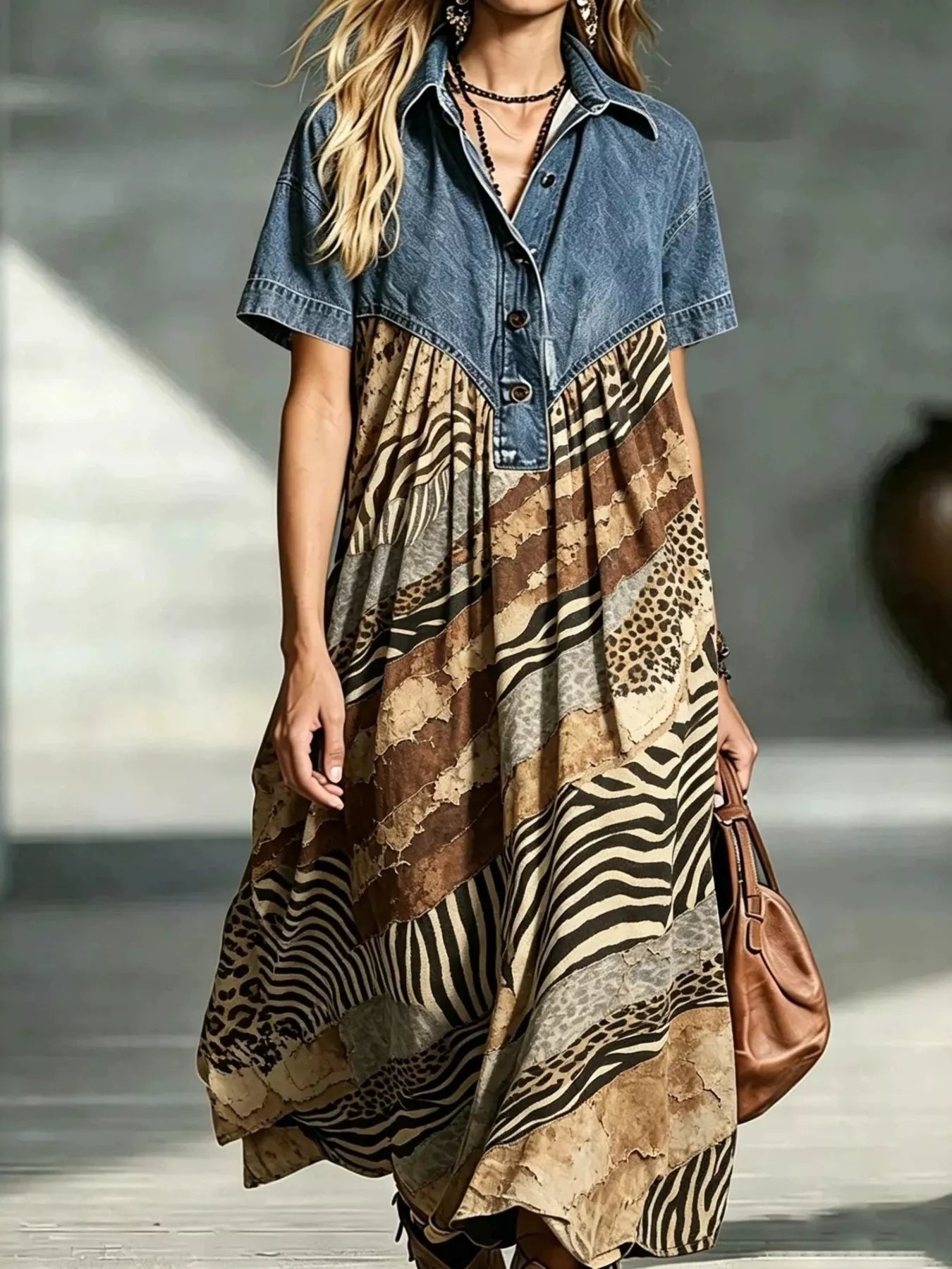 Full Size Denim Patchwork Printed Shirt Dress Plus Size