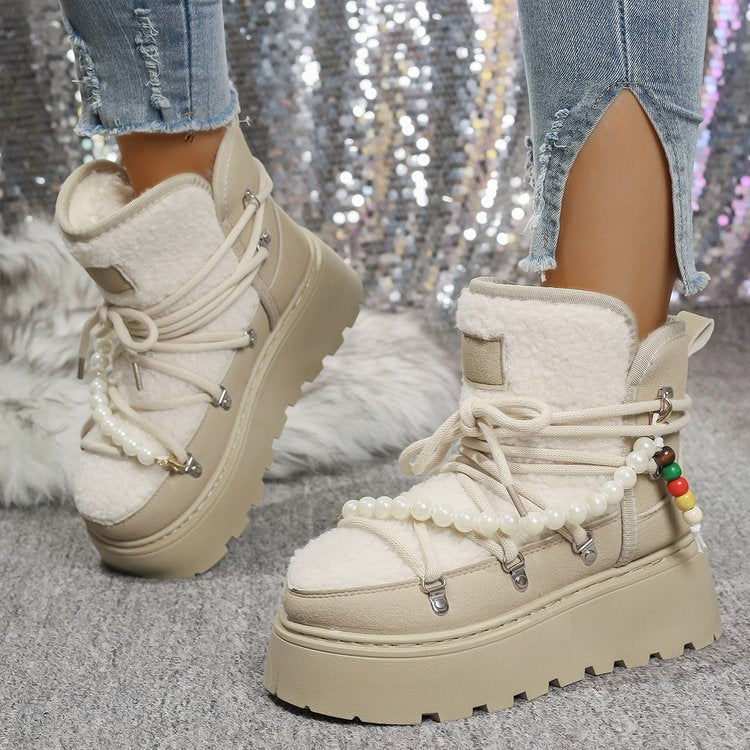 Platform Snow Boots | Faux Shearling Lace-Up Winter Boots with Pearl Chain