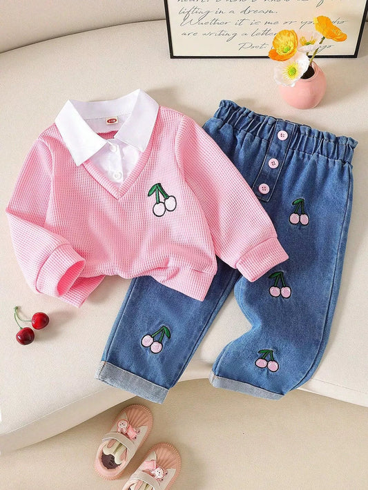 Children's Cherry Embroidered Knit Top and Jeans Set