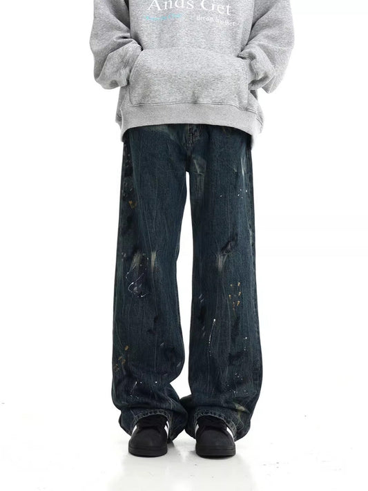 Men's Full Size Paint-Splattered Wide Leg Jeans Plus Size
