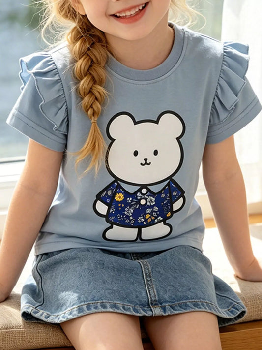 Children's Ruffled Sleeve Bear Graphic T-Shirt