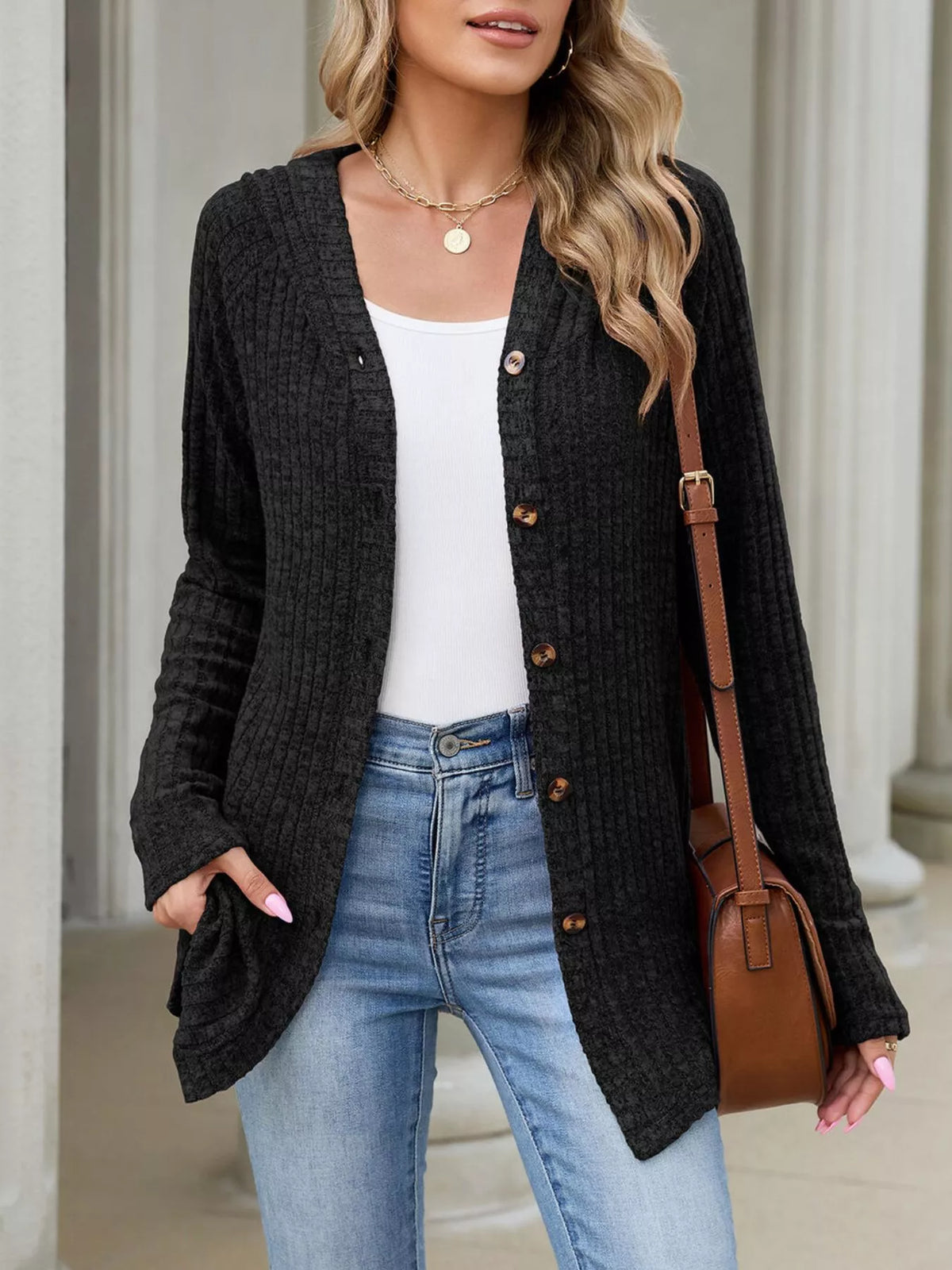 Ribbed Knit Hooded Button-Down Cardigan