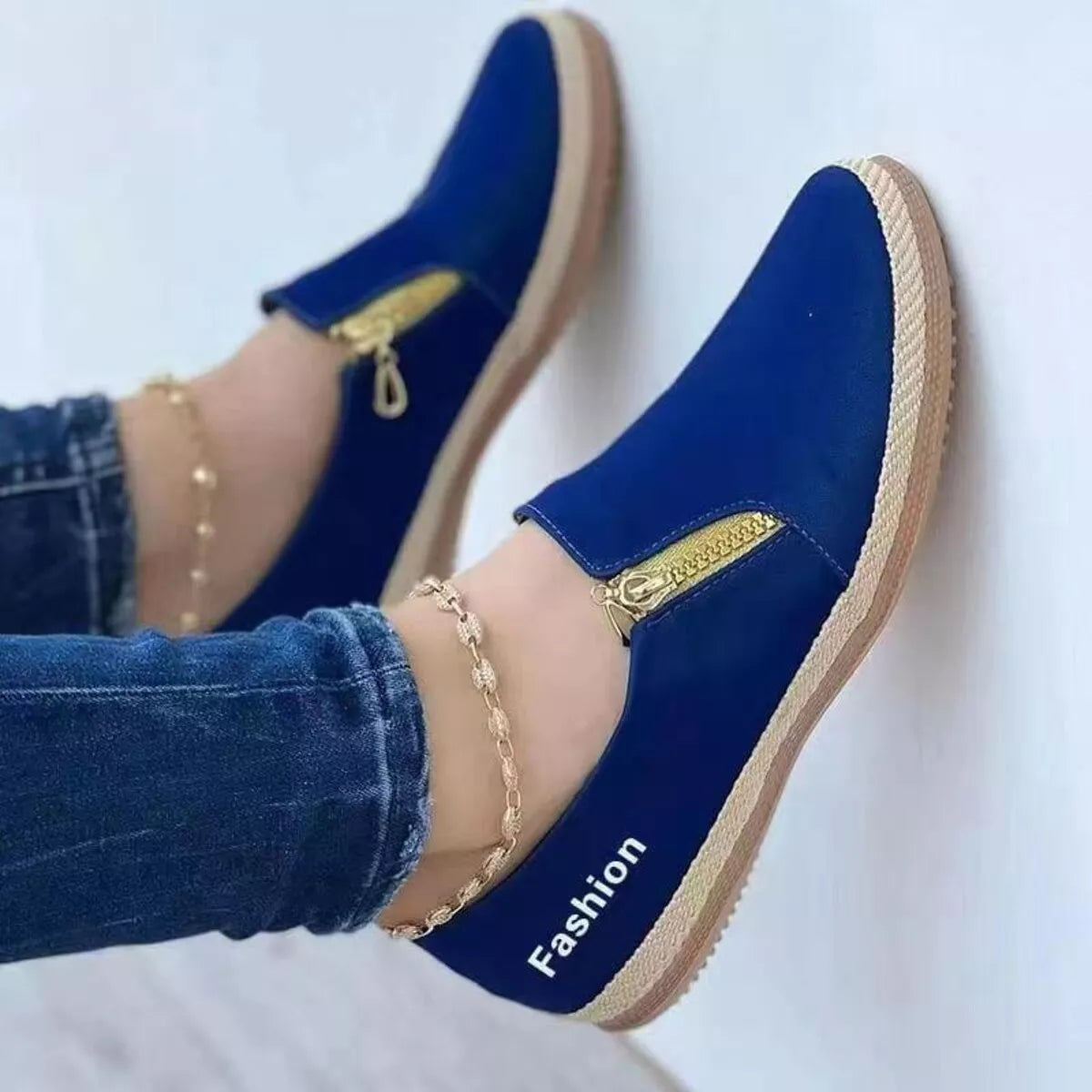 Zip Detail Round Toe Slip-Ons