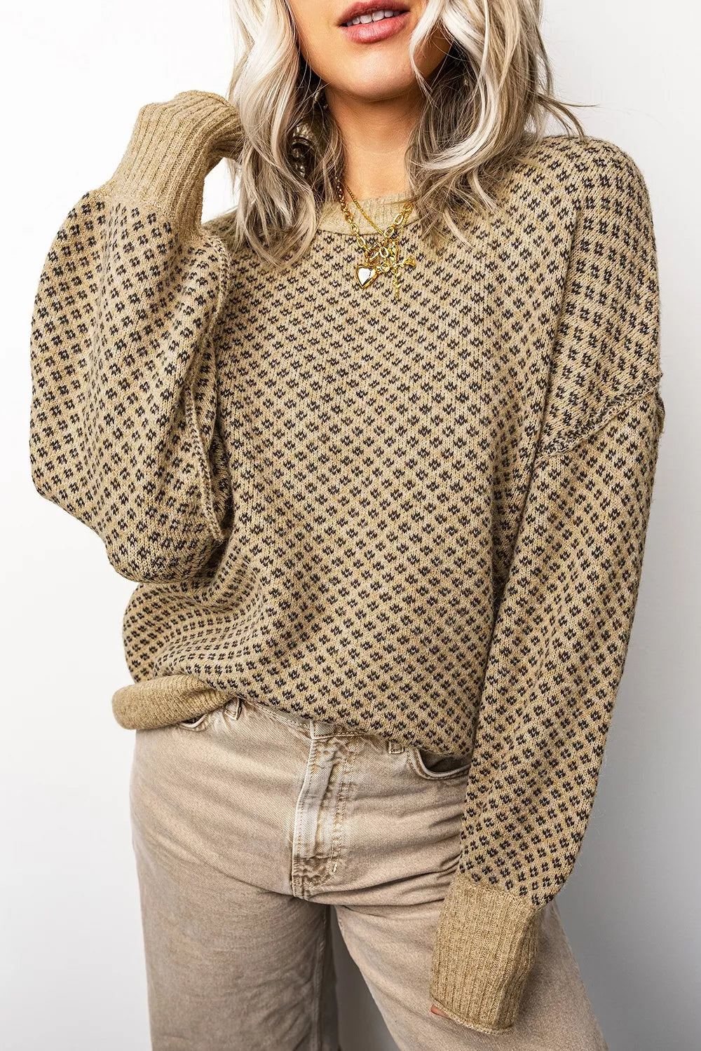 Geometric Print Drop Shoulder Round Neck Long Sleeve Sweater