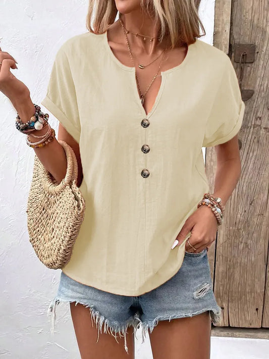 Full Size Notched Short Sleeve Top Plus Size