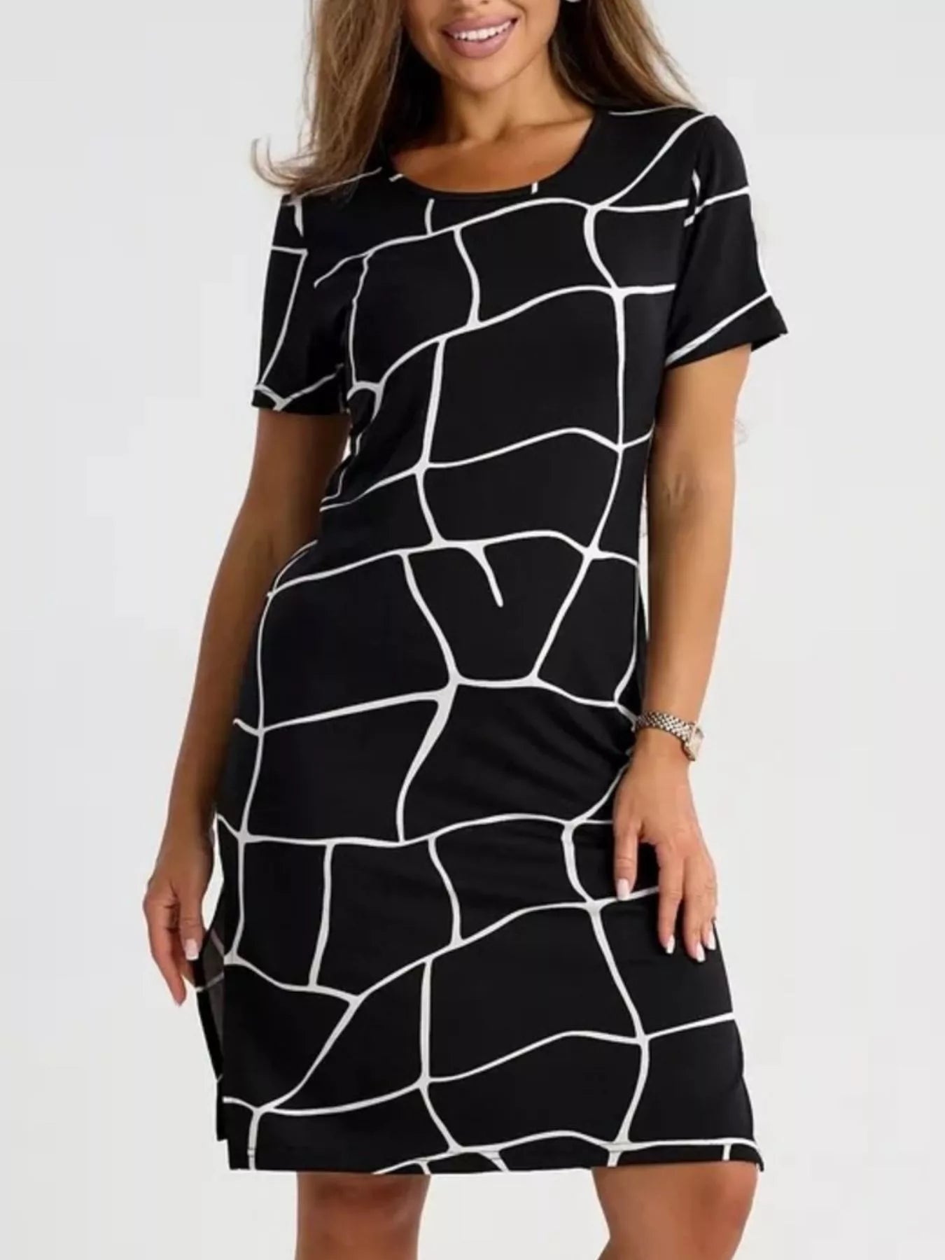 Full Size Geometric Print Midi Dress with Side Slit Plus Size