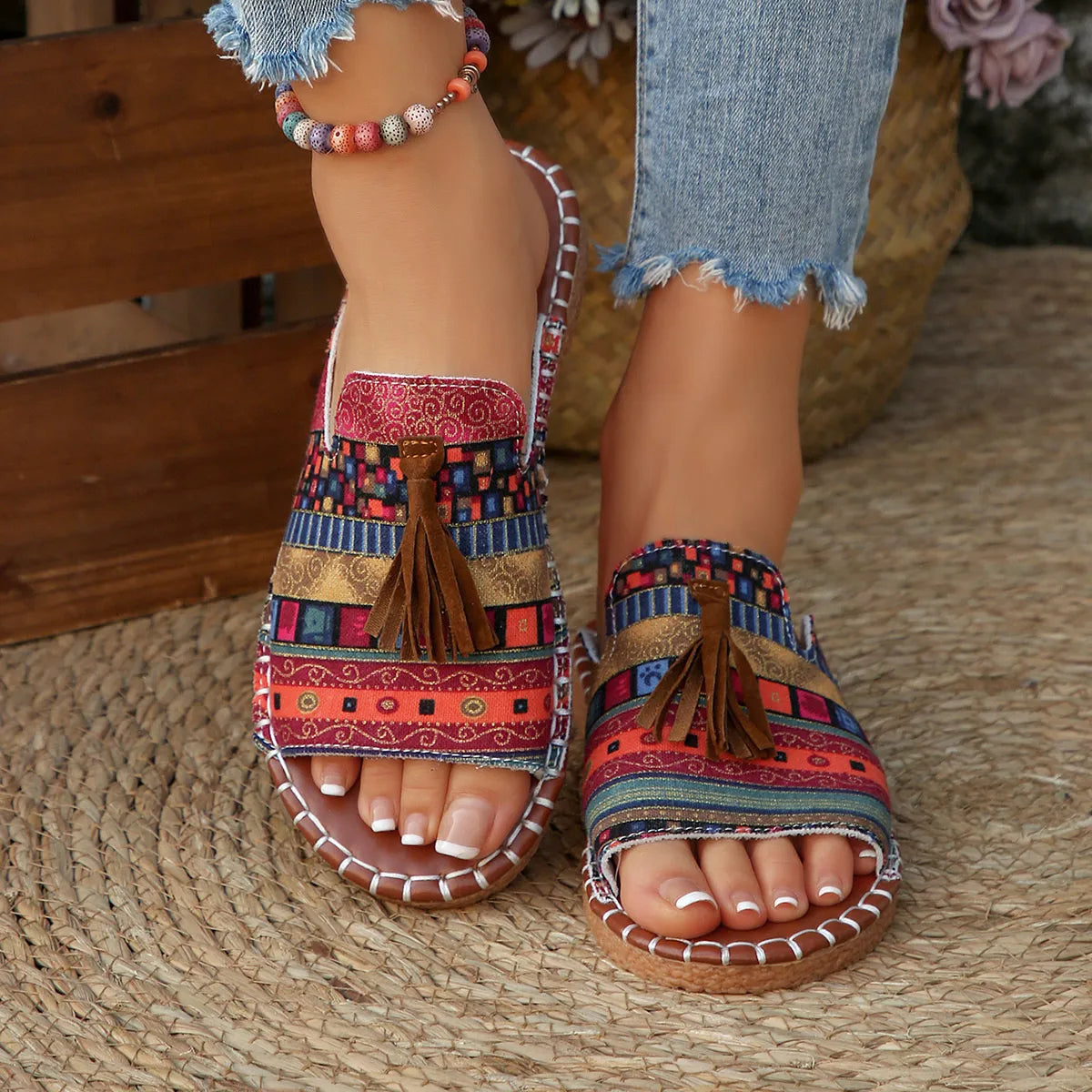 Printed Tassel Flat Sandals