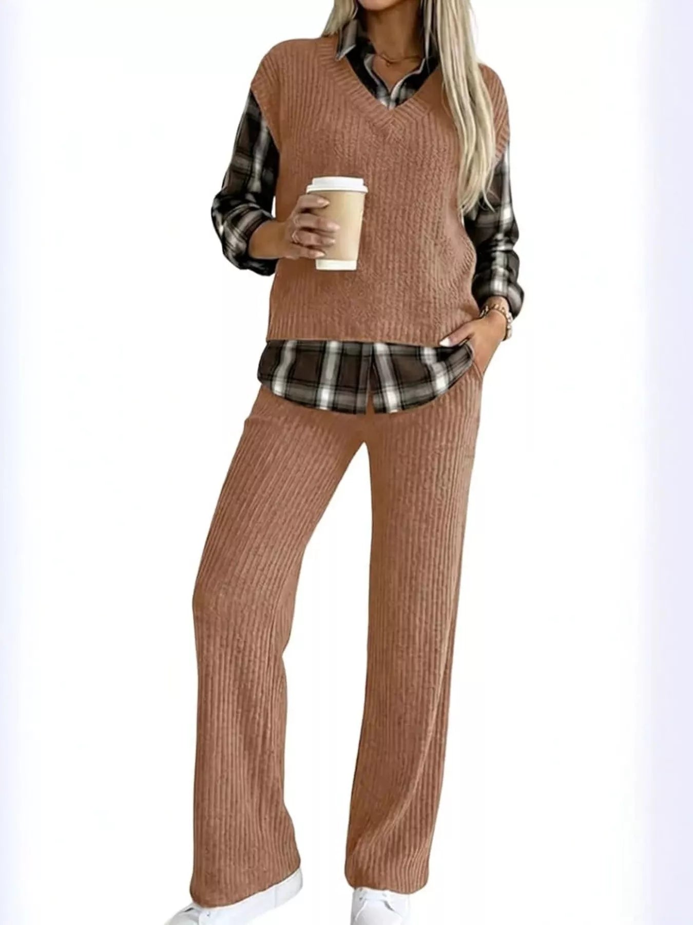 Ribbed Knit Plaid Sleeve Top & Pants Set