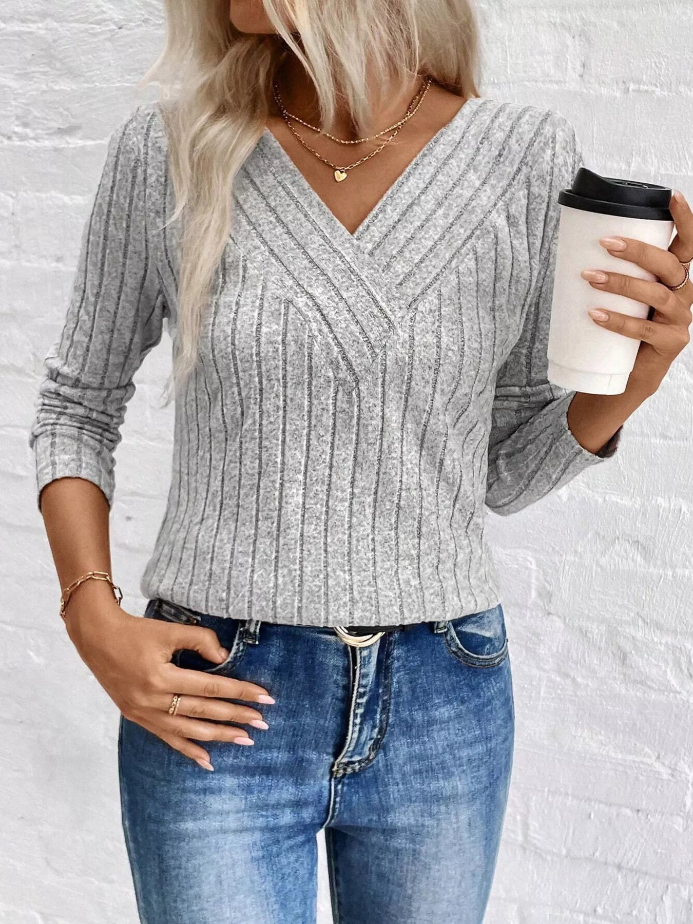Ribbed V-Neck Long Sleeve T-Shirt