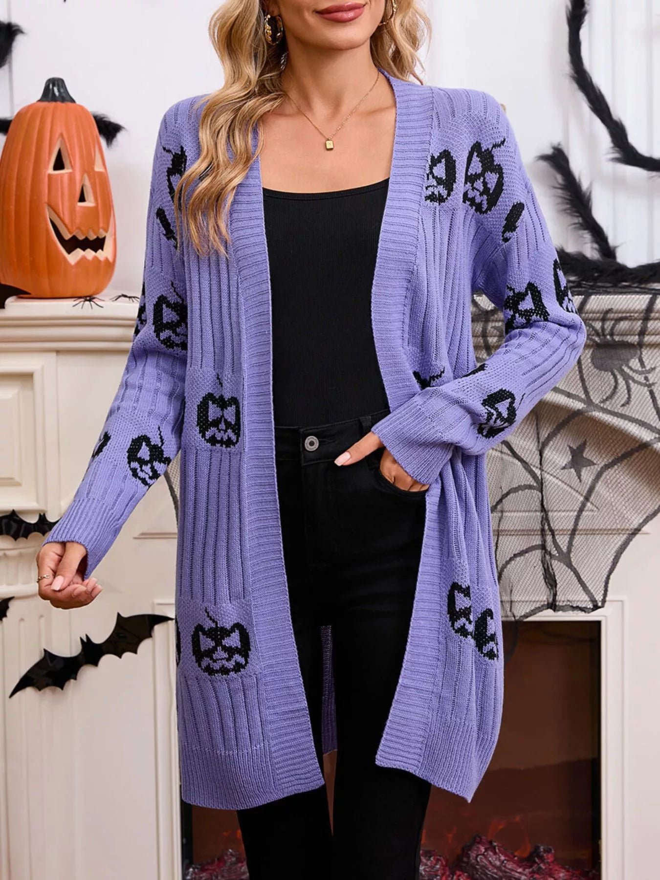Halloween Pumpkin Open Front Knit Cardigan
