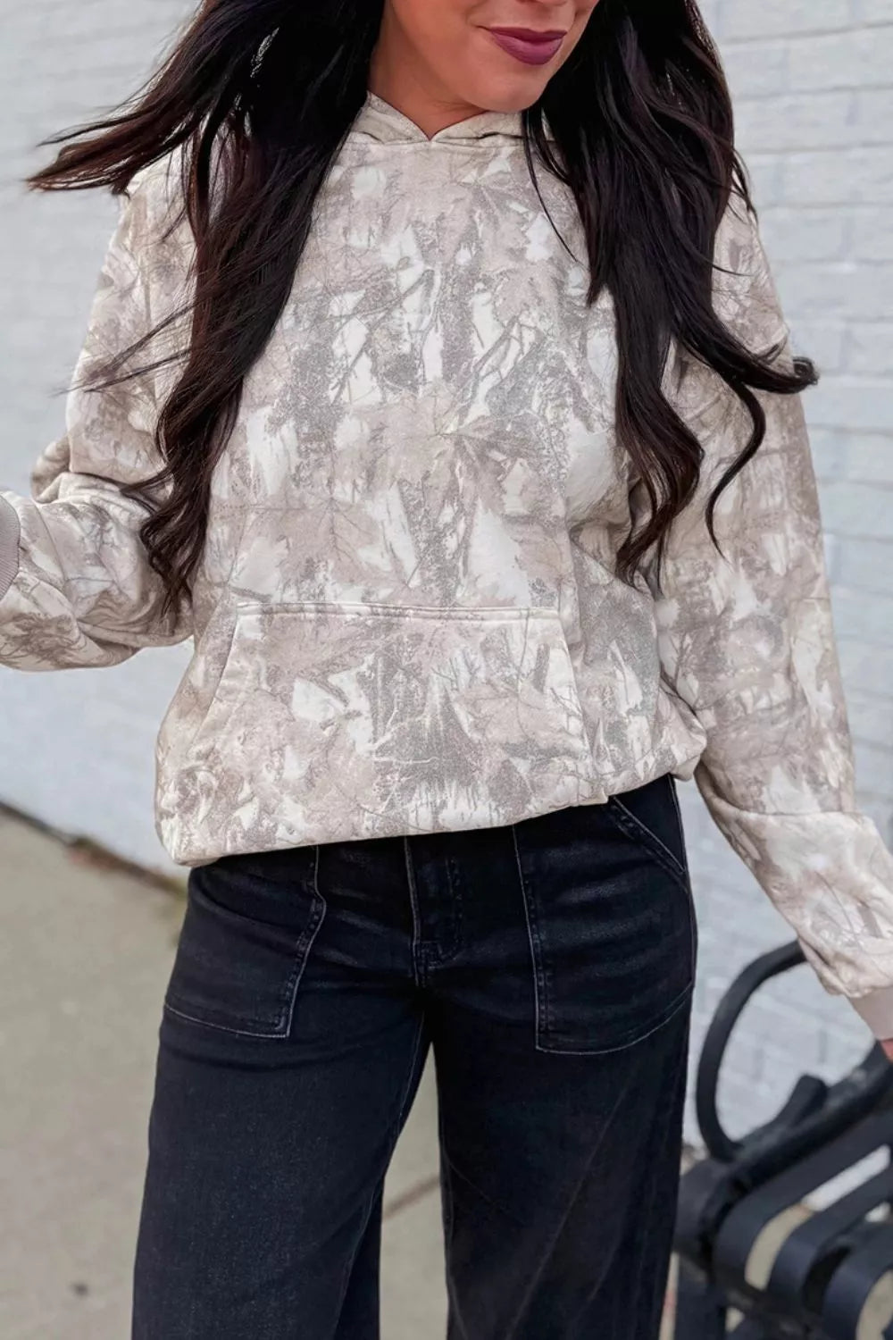 Abstract Print Ribbed Cuffs Hem Long Sleeve Hoodie