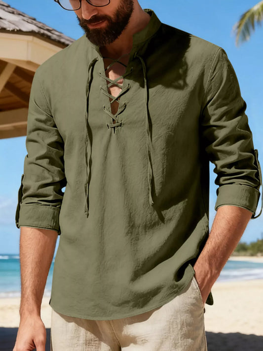 Men's Full Size Casual Lace-Up Linen Shirt Plus Size